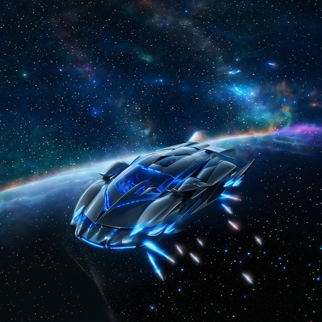 A futuristic flying car with a sleek design is soaring through space, surrounded by stars, galaxies, and a vibrant nebula