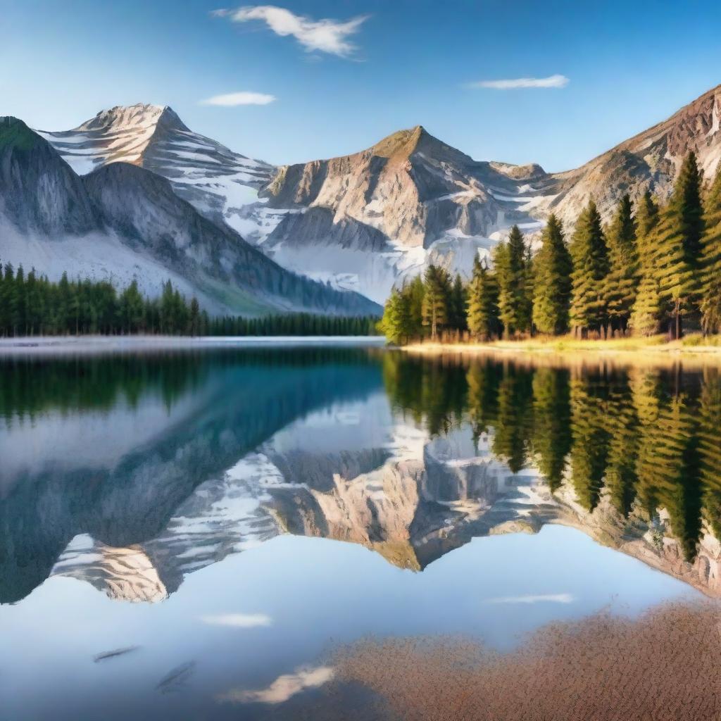 Create an image of a serene landscape with mountains in the background, a clear blue sky, and a peaceful lake reflecting the scenery