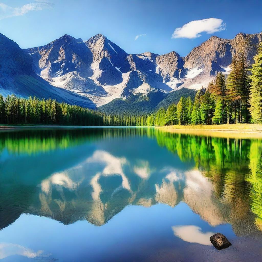 Create an image of a serene landscape with mountains in the background, a clear blue sky, and a peaceful lake reflecting the scenery