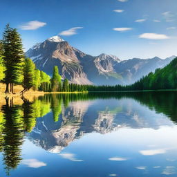 Create an image of a serene landscape with mountains in the background, a clear blue sky, and a peaceful lake reflecting the scenery