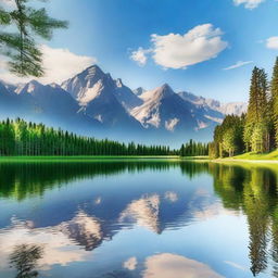 Create an image of a serene landscape with mountains in the background, a clear blue sky, and a peaceful lake reflecting the scenery