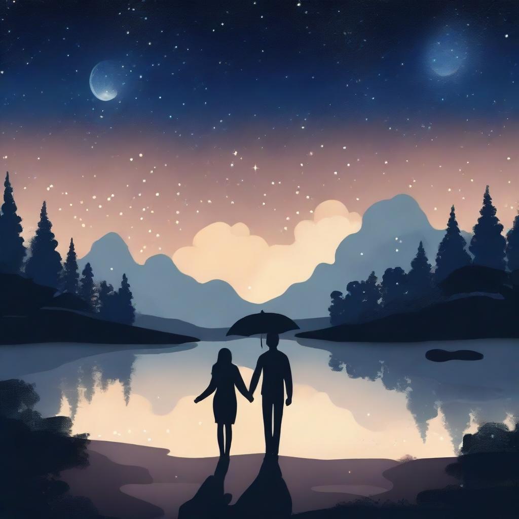 Create an image depicting a romantic scene with a couple holding hands under a starry night sky