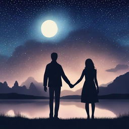 Create an image depicting a romantic scene with a couple holding hands under a starry night sky