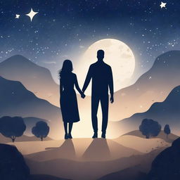 Create an image depicting a romantic scene with a couple holding hands under a starry night sky