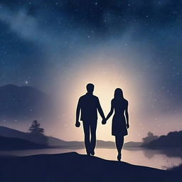 Create an image depicting a romantic scene with a couple holding hands under a starry night sky