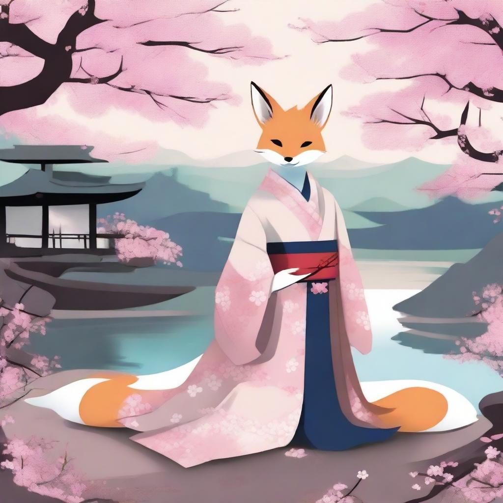 A person with fox ears and a tail dressed in traditional Japanese clothing