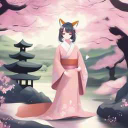 A person with fox ears and a tail dressed in traditional Japanese clothing