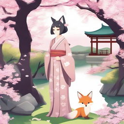 A person with fox ears and a tail dressed in traditional Japanese clothing