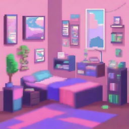 A teenage girl's bedroom designed in pixel art style