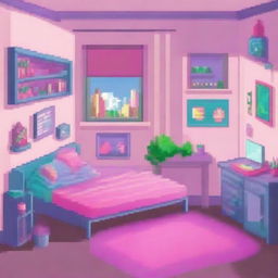 A teenage girl's bedroom designed in pixel art style