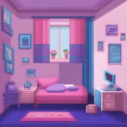 A teenage girl's bedroom designed in pixel art style