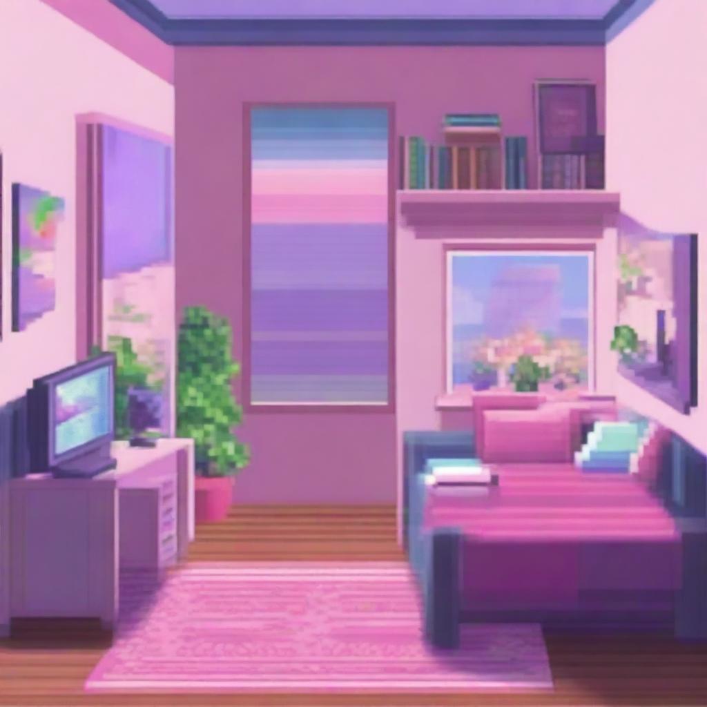 A teenage girl's bedroom designed in pixel art style