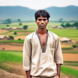 A young man from a village standing in a rural setting