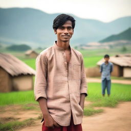 A young man from a village standing in a rural setting