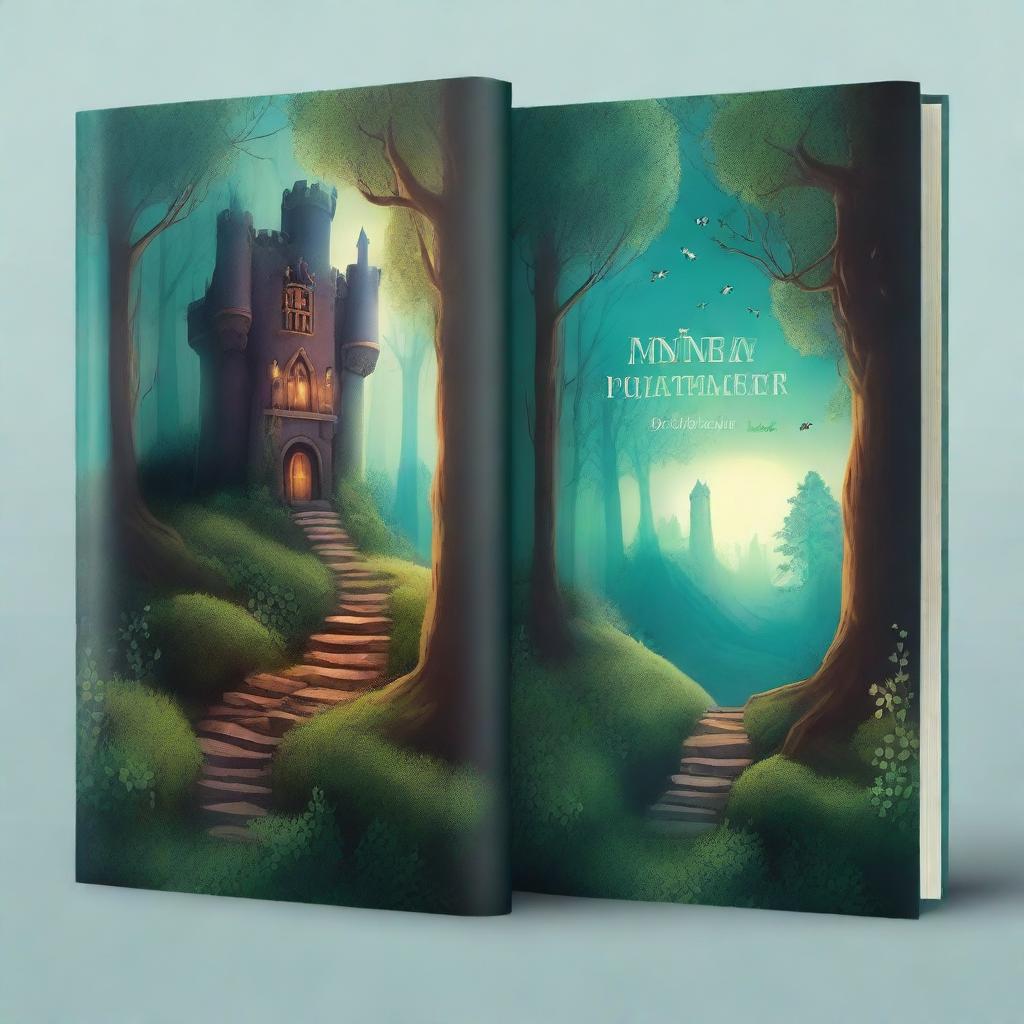 Create a captivating book cover featuring a mysterious forest with a hidden path leading to an ancient castle