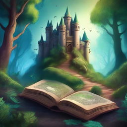 Create a captivating book cover featuring a mysterious forest with a hidden path leading to an ancient castle