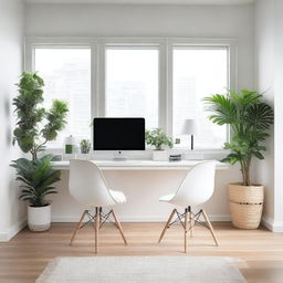 A modern home office setup with a clean, white aesthetic