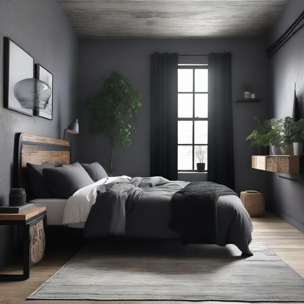 Una habitación decorada con un estilo industrial y colores oscuros