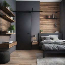 Una habitación decorada con un estilo industrial y colores oscuros