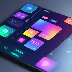 A futuristic and sleek design of an operating system interface, featuring holographic elements, vibrant colors, and intuitive icons