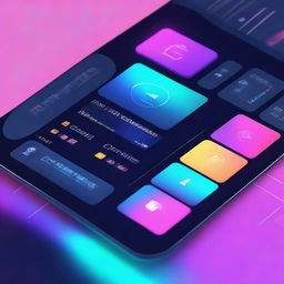 A futuristic and sleek design of an operating system interface, featuring holographic elements, vibrant colors, and intuitive icons