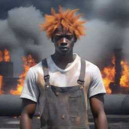 A young man with black skin in dirty grey overalls and a white oil-stained shirt