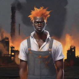 A young man with black skin in dirty grey overalls and a white oil-stained shirt