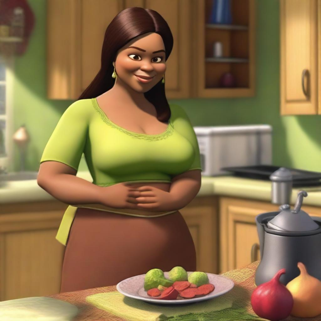 Shrek's fiancée Fiona, depicted as an Indian woman with brown skin and dark hair, is in her kitchen preparing dinner