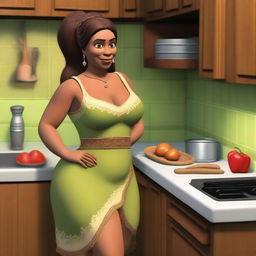 Shrek's fiancée Fiona, depicted as an Indian woman with brown skin and dark hair, is in her kitchen preparing dinner