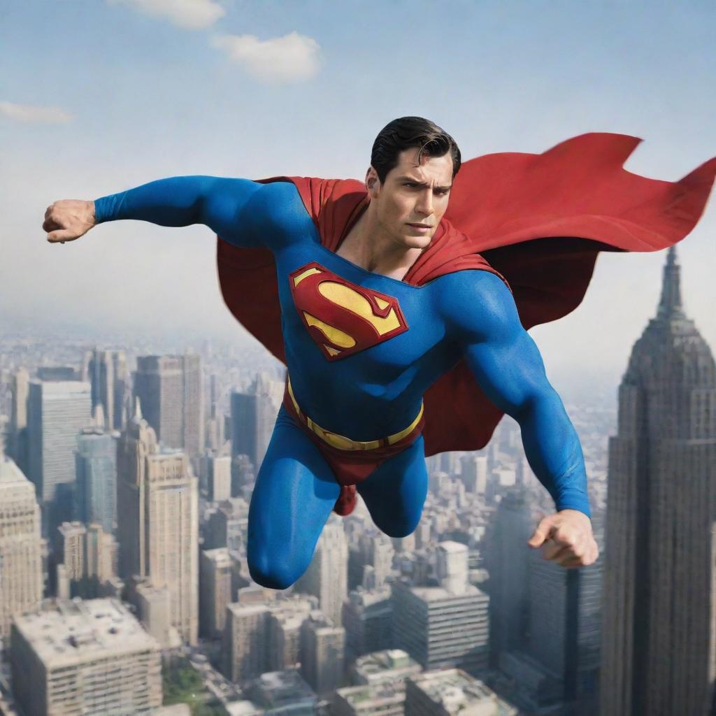 A dynamic image of Superman in action, wearing his traditional blue and red costume, cape flowing in the wind, soaring above Metropolis.