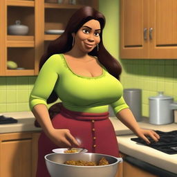 Shrek's fiancée Fiona, depicted as an Indian woman with brown skin and dark hair, is in her kitchen preparing dinner