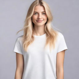 A person with long blonde hair wearing a tee shirt