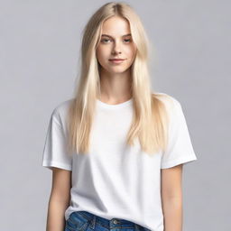 A person with long blonde hair wearing a tee shirt