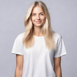 A person with long blonde hair wearing a tee shirt