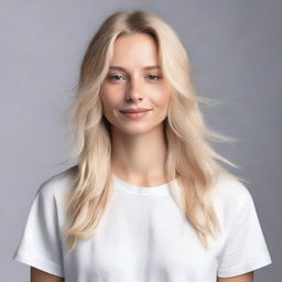 A person with long blonde hair wearing a tee shirt