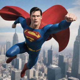 A dynamic image of Superman in action, wearing his traditional blue and red costume, cape flowing in the wind, soaring above Metropolis.