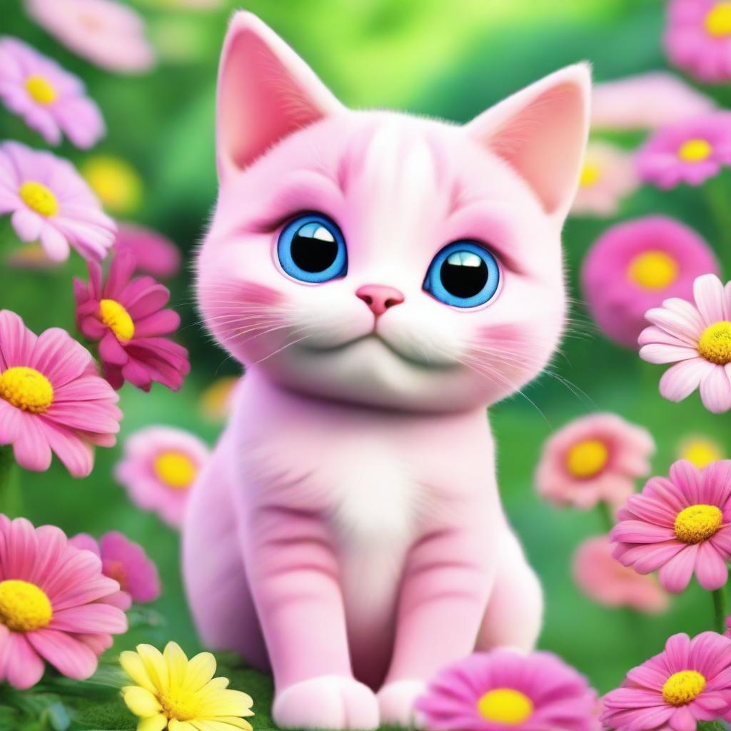 A cute pink cat with big, expressive eyes sitting in a garden full of colorful flowers