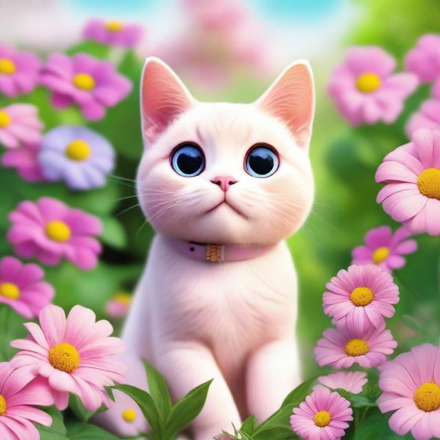 A cute pink cat with big, expressive eyes sitting in a garden full of colorful flowers