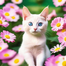 A cute pink cat with big, expressive eyes sitting in a garden full of colorful flowers