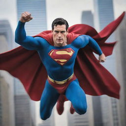 A dynamic image of Superman in action, wearing his traditional blue and red costume, cape flowing in the wind, soaring above Metropolis.