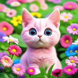 A cute pink cat with big, expressive eyes sitting in a garden full of colorful flowers