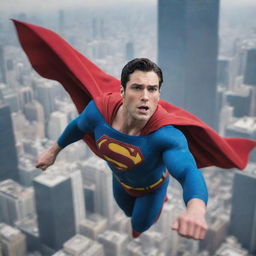 A dynamic image of Superman in action, wearing his traditional blue and red costume, cape flowing in the wind, soaring above Metropolis.