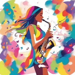 A charming and whimsical depiction of a girl playing the saxophone in a lively and colorful environment