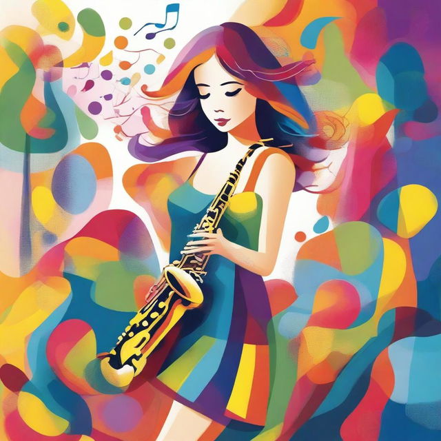 A charming and whimsical depiction of a girl playing the saxophone in a lively and colorful environment