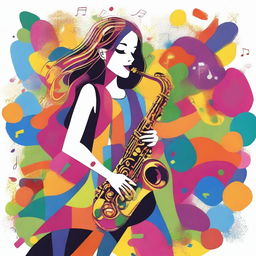 A charming and whimsical depiction of a girl playing the saxophone in a lively and colorful environment