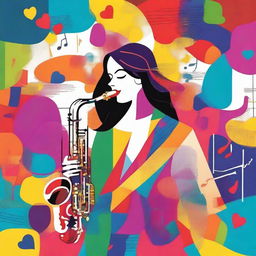 A charming and whimsical depiction of a girl playing the saxophone in a lively and colorful environment