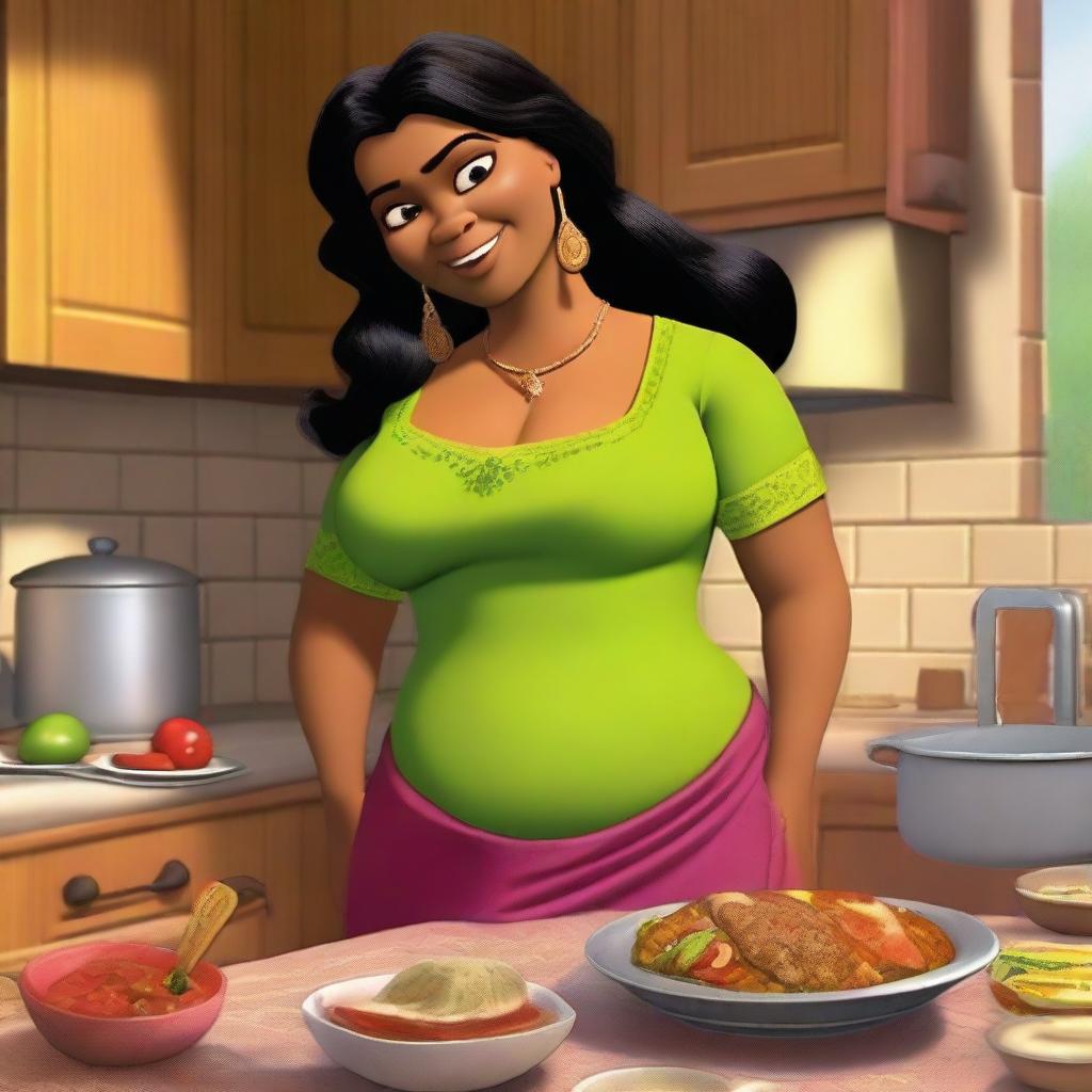 Shrek's fiancée Fiona, depicted as an Indian woman with brown skin and black hair, is in her kitchen preparing dinner