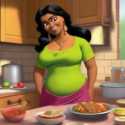 Shrek's fiancée Fiona, depicted as an Indian woman with brown skin and black hair, is in her kitchen preparing dinner