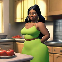 Shrek's fiancée Fiona, depicted as an Indian woman with brown skin and black hair, is in her kitchen preparing dinner