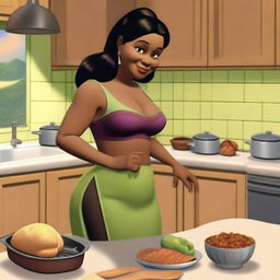 Shrek's fiancée Fiona, depicted as an Indian woman with brown skin and black hair, is in her kitchen preparing dinner